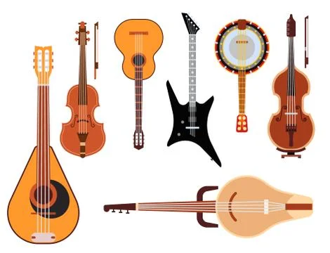 Set of stringed musical instruments classical orchestra art sound tool and 스톡 일러스트