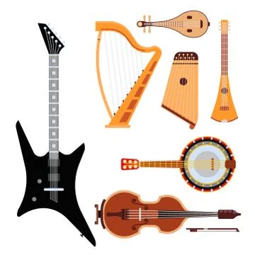 Set of stringed musical instruments classical orchestra art sound tool and Stock Illustration