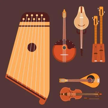 Set of stringed musical instruments classical orchestra art sound tool and Stock Illustration