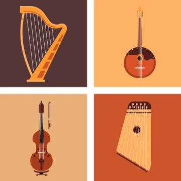Set of stringed musical instruments classical orchestra art sound tool and Stock Illustration