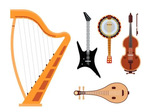 Set of stringed musical instruments classical orchestra art sound tool and Stock Illustration