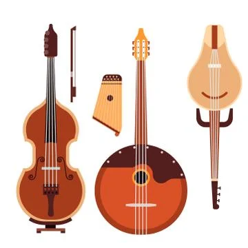 Set of stringed musical instruments classical orchestra art sound tool and Stock Illustration