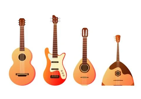 Set of stringed musical instruments. Collection of balalaika, harp, double bass Stock Illustration