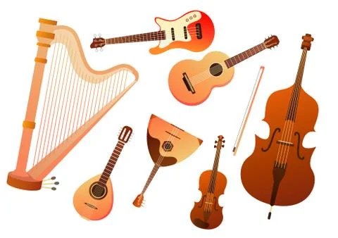 Set of stringed musical instruments. Collection of balalaika, harp, double bass Stock Illustration