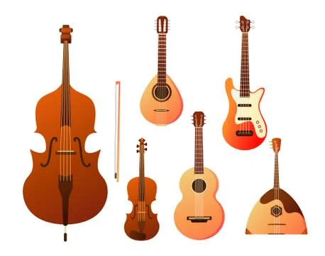 Set of stringed musical instruments. Collection of balalaika, harp, double bass Stock Illustration
