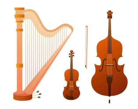 Set of stringed musical instruments. Collection of balalaika, harp, double bass Stock Illustration