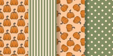 Set of striped and polka dot autumn backgrounds with pumpkins Ilustración de archivo