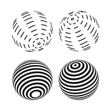 Set of striped ball logo. Three-dimensional spheres with lines of black and w Stock Illustration
