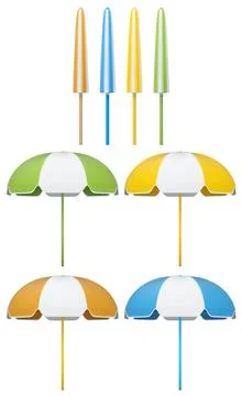 Set of striped beach umbrellas for summer getaways isolated on white backgrou Stockillustratie