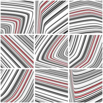 Set of striped patterns with black-and-white and red thin strips 库存插图