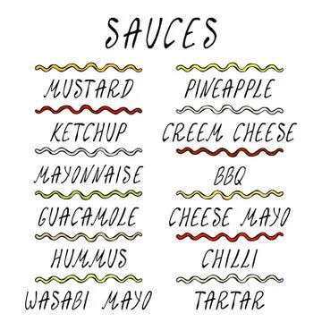 Set Strips of Different Sauces. Fast Food Collection. Realistic Hand Drawn High Stock Illustration