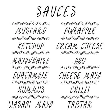 Set Strips of Different Sauces. Fast Food Collection. Realistic Hand Drawn Hi Stock Illustration