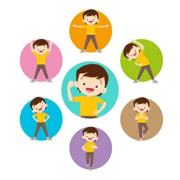 Set of strong boy healthy from exercise various actions in circle chart Stock Illustration