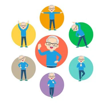 Set of strong elderly man healthy from exercise various actions in circle cha Stock Illustration