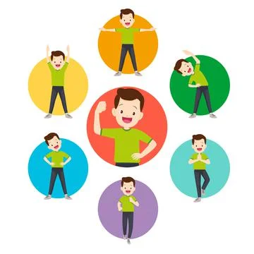 Set of strong man healthy from exercise various actions in circle chart Stock Illustration