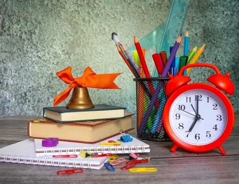 Set for the student. to first class. education concept. class reminder alar.. Stock Photos