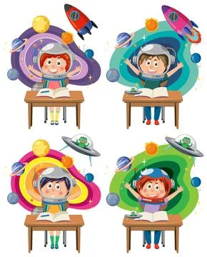 Set of student kids learning astronomy Ilustración de archivo