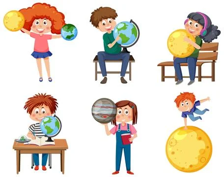 Set of student kids learning astronomy Ilustración de archivo
