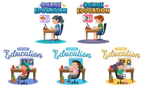 Set of student learning online using computer 스톡 일러스트