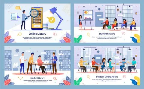 Set Student Lecture, Student Library, Cartoon. Online Library, Student Dining Stock-Illustration