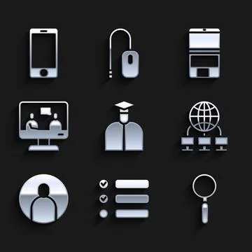 Set Student, Task list, Magnifying glass, Computer network, Create account Stock Illustration