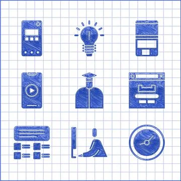 Set Student, working at laptop, Clock, Browser window, Online quiz, test, survey Illustrazione stock
