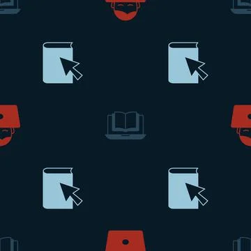 Set Student working at laptop, Online class and book on seamless pattern. Vec Stock Illustration