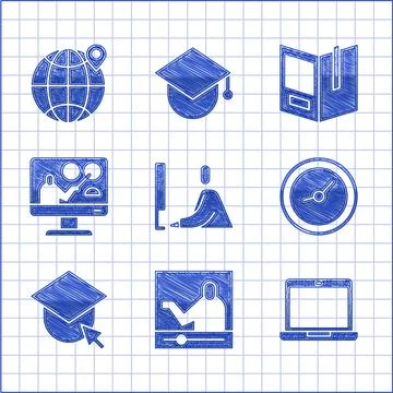 Set Student working at laptop, Online education, Laptop, Clock, Graduation .. イラスト素材