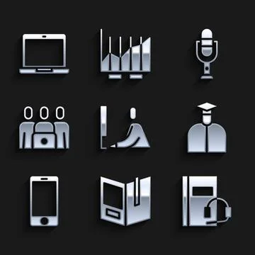 Set Student working at laptop, Open book, Audio, Mobile phone, Online class Stock Illustration