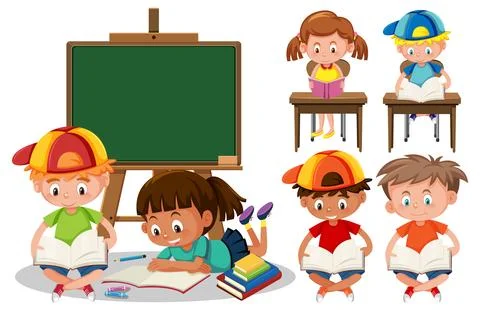Set of students cartoon character learning Stock Illustration