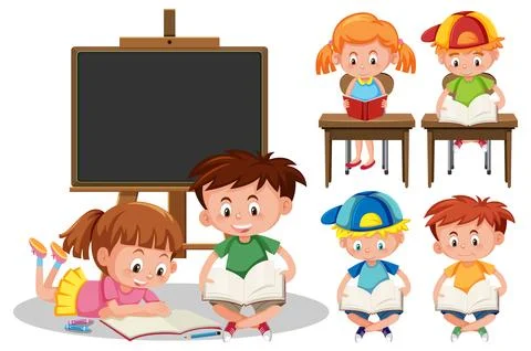 Set of students cartoon character learning Stock Illustration