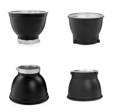 Set with studio flash light reflectors on white background Stock Photos