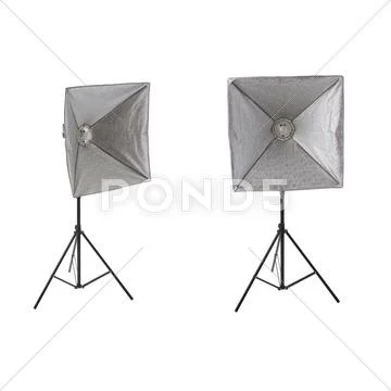 Set of Studio flash on a stand over isolated white background Stock Photos