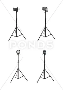 Set of Studio flash on a stand over isolated white background Stock Photos