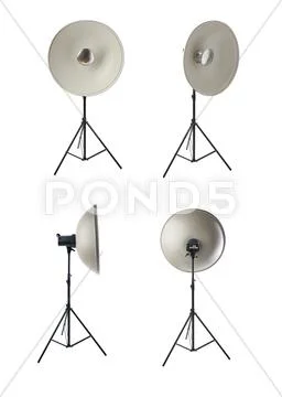 Set of Studio flash on a stand over isolated white background Stock Photos