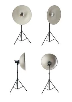 Set of Studio flash on a stand over isolated white background Stock Photos