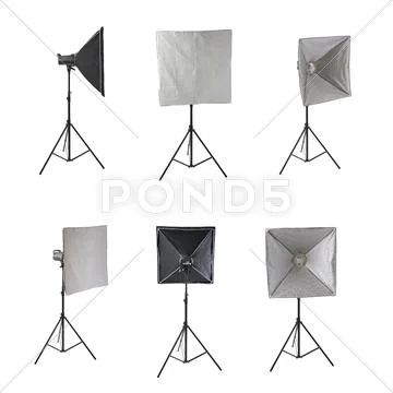Set of Studio flash on a stand over isolated white background Stock Photos