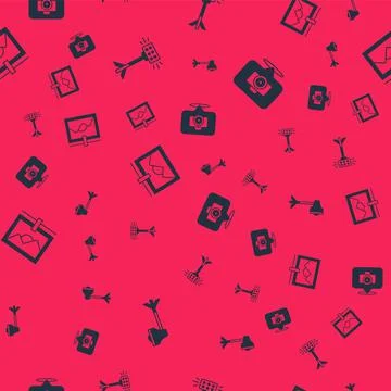 Set Studio light bulb in softbox, Photo frame and camera on seamless pattern Illustrazione stock