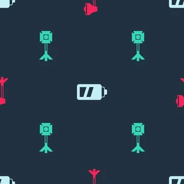 Set Studio light bulb in softbox, Battery for camera and  on seamless pattern Illustrazione stock