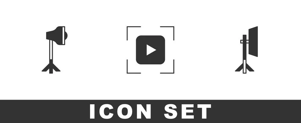 Set Studio light bulb in softbox, Camera focus frame line and icon. Vector Stock-Illustration