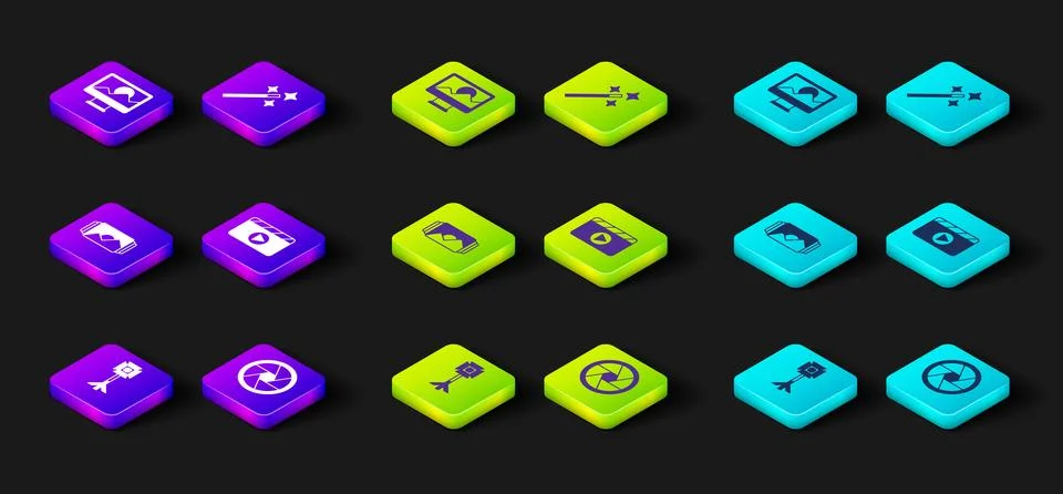 Set Studio light bulb in softbox, Camera shutter, Photo frame, Movie clapper Illustrazione stock