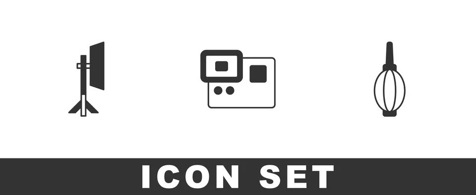 Set Studio light bulb in softbox, Action extreme camera and Dust blower icon Stock Illustration