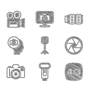 Set Studio light bulb in softbox, Photo camera flash, frame 4, Camera shutter Stock Illustration