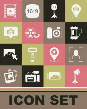 Set Studio light bulb in softbox, Camera focus frame line, film roll cartri.. Stock-Illustration