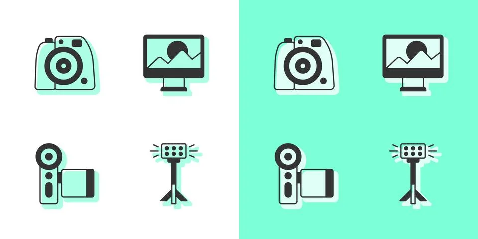 Set Studio light bulb in softbox, Photo camera, Cinema and retouching icon... イラスト素材