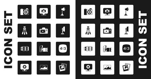 Set Studio light bulb in softbox, Photo camera, Tripod, frame 4 and Camera .. Stock Illustration