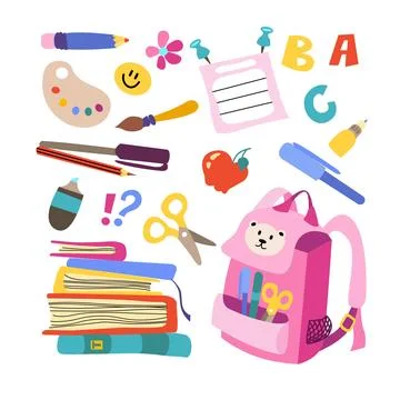 Set of study school supplies. Vector elements backpack, pencils, brushes, p.. 스톡 일러스트