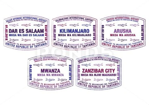Set of stylised passport stamps for major airports of Tanzania in vector form Stock Illustration