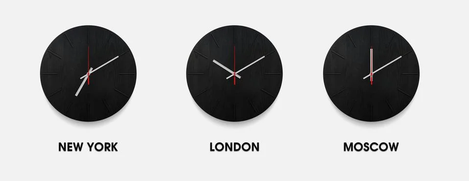 Set of stylish black clock for time zones different cities. Black and white Stockillustratie