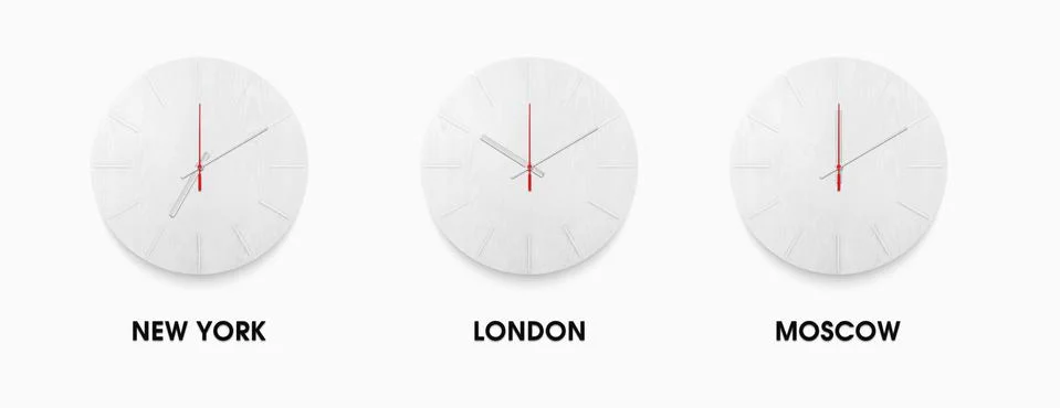 Set of stylish white clock for time zones different cities. white watch on a Stock Illustration